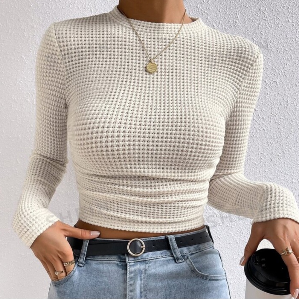 Waffle Knit Ruched Side Long Sleeve High Neck Shirt Top